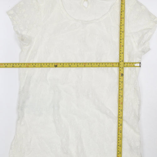 LCW Casual Women Ivory 2XL Floral Lace Keyhole Cap Sleeve Blouse