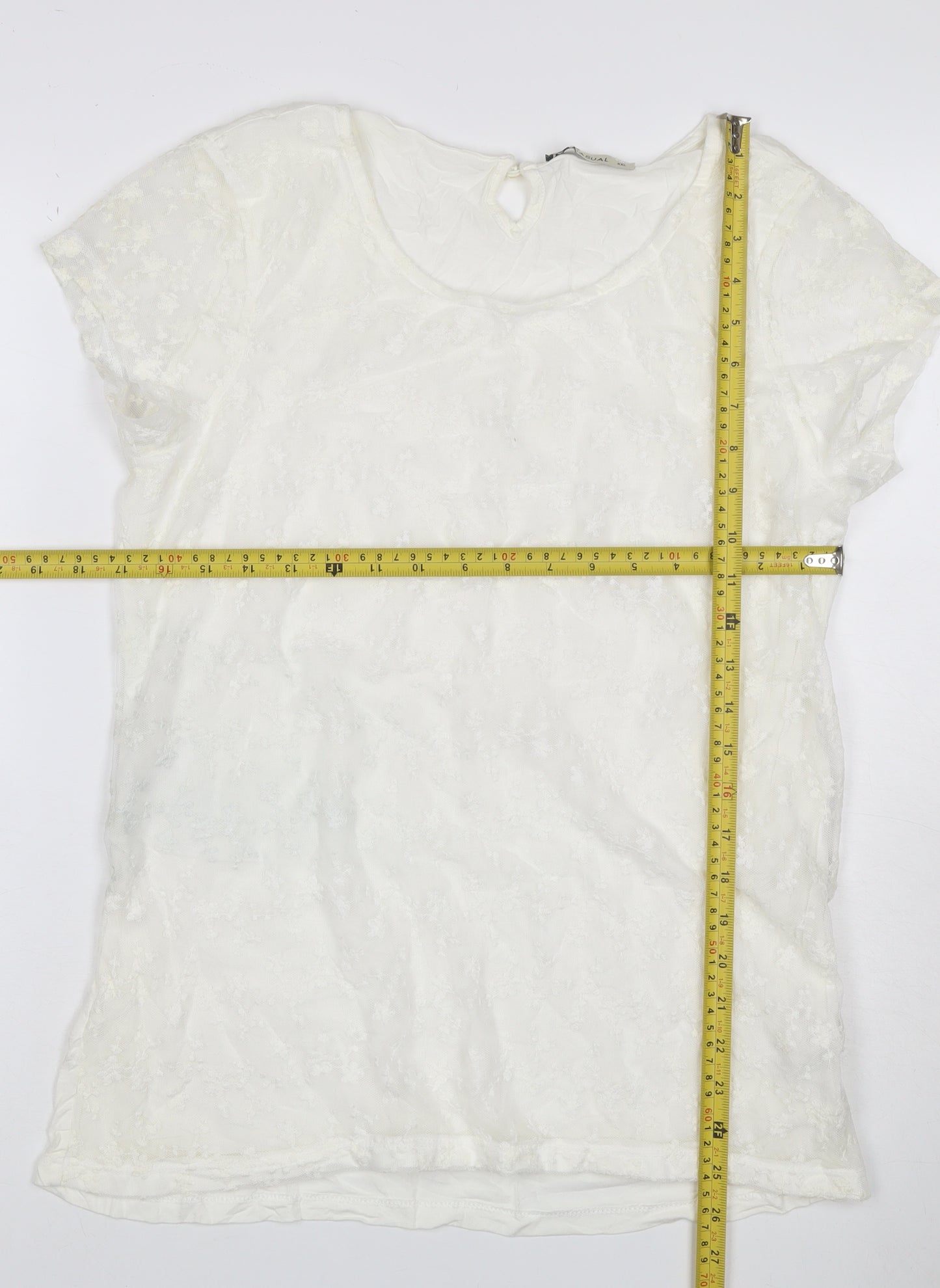 LCW Casual Women Ivory 2XL Floral Lace Keyhole Cap Sleeve Blouse