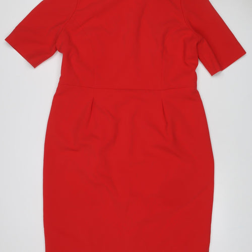 Bruce Oldfield Women Red UK 16 Sheath Knee Dress Collared Long Sleeve