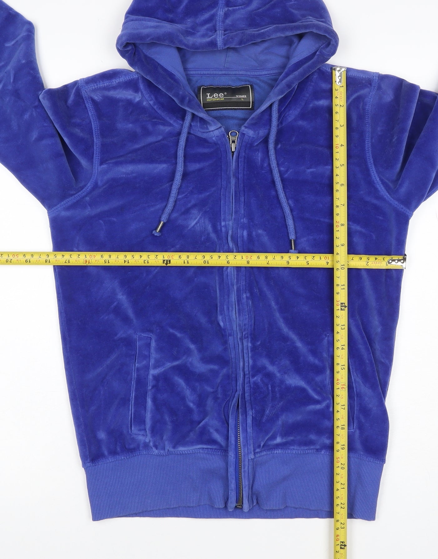 Lee Women Blue L Velour Full Zip Hooded Hoodie Pockets