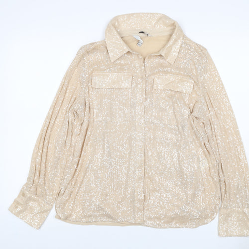 Marks and Spencer Women Beige UK 12 Sequin Collared Button-Up Shirt