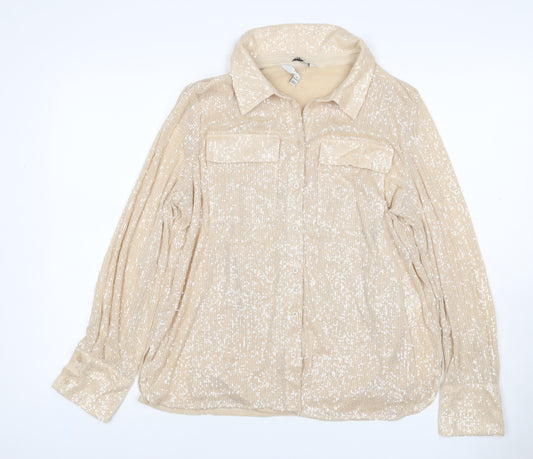 Marks and Spencer Women Beige UK 12 Sequin Collared Button-Up Shirt
