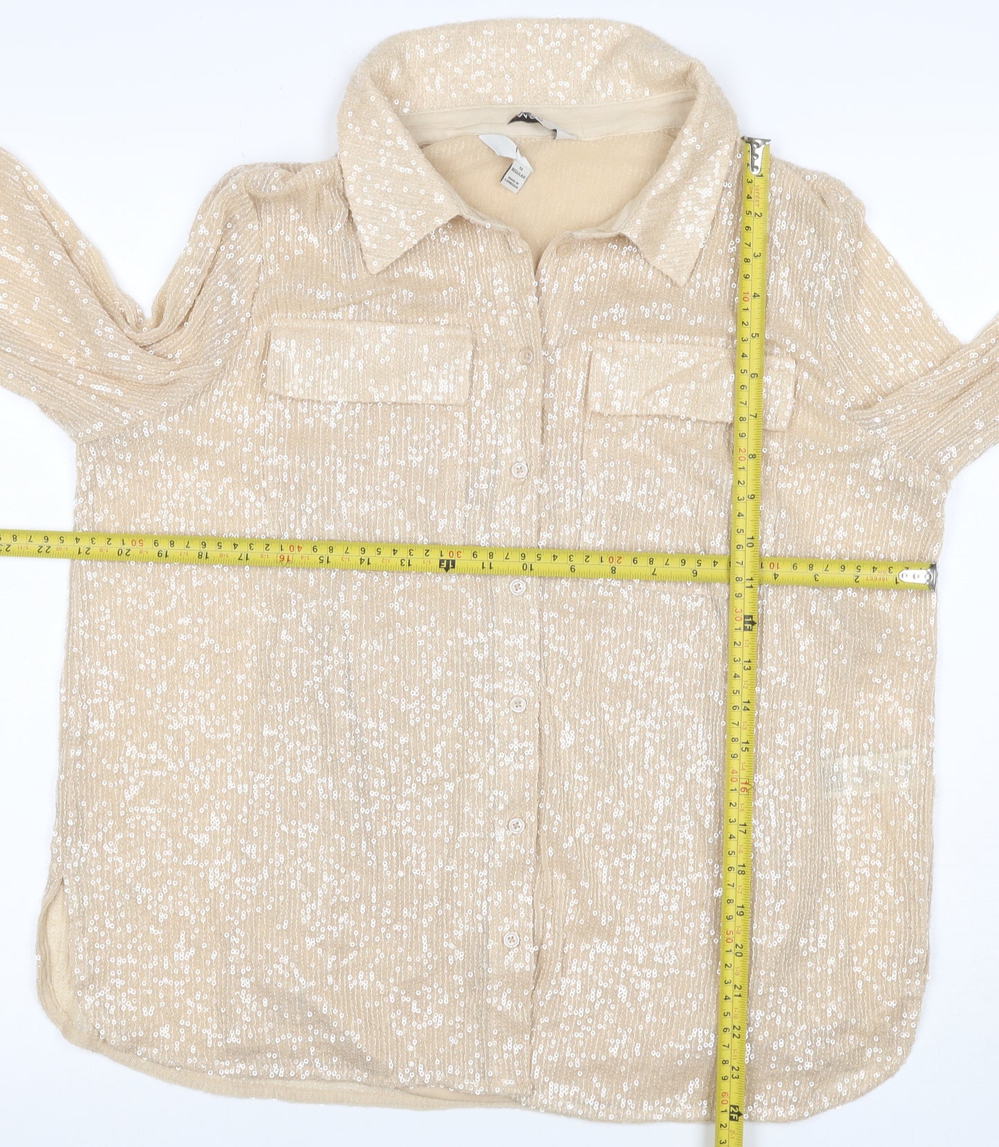 Marks and Spencer Women Beige UK 12 Sequin Collared Button-Up Shirt