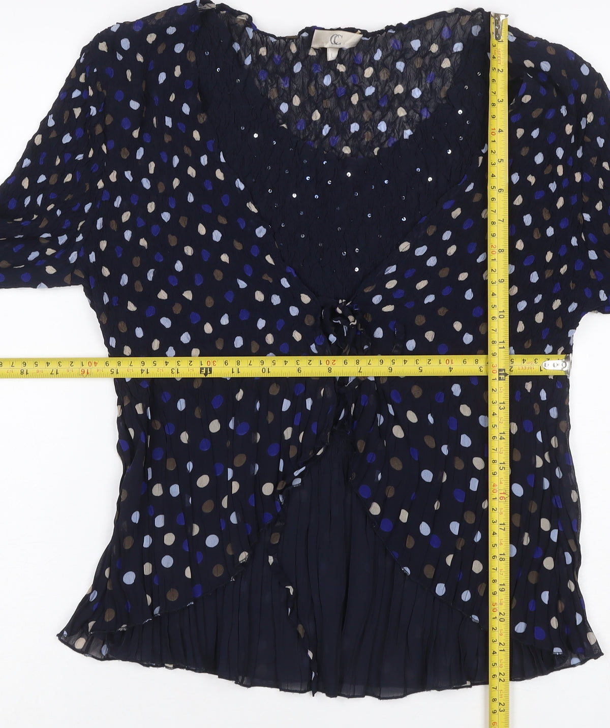 CC Women’s Blue L Polka Dot Chiffon Wrap Ruffle Sequin Blouse