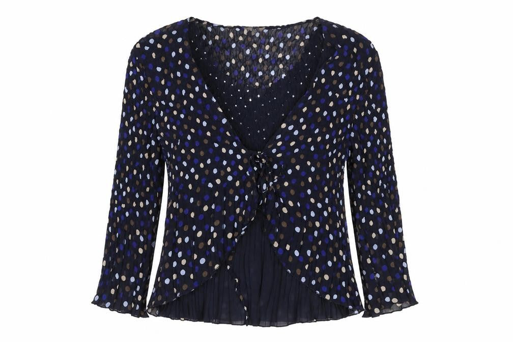 CC Women’s Blue L Polka Dot Chiffon Wrap Ruffle Sequin Blouse