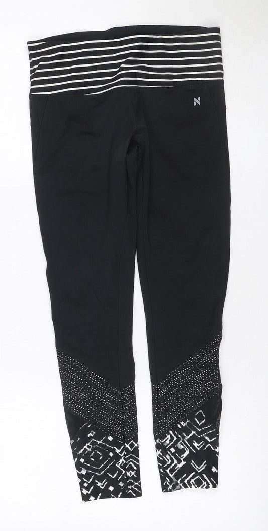 Next Women’s Black Geometric Print Gym Leggings UK 8 Stretch Zip Pocket