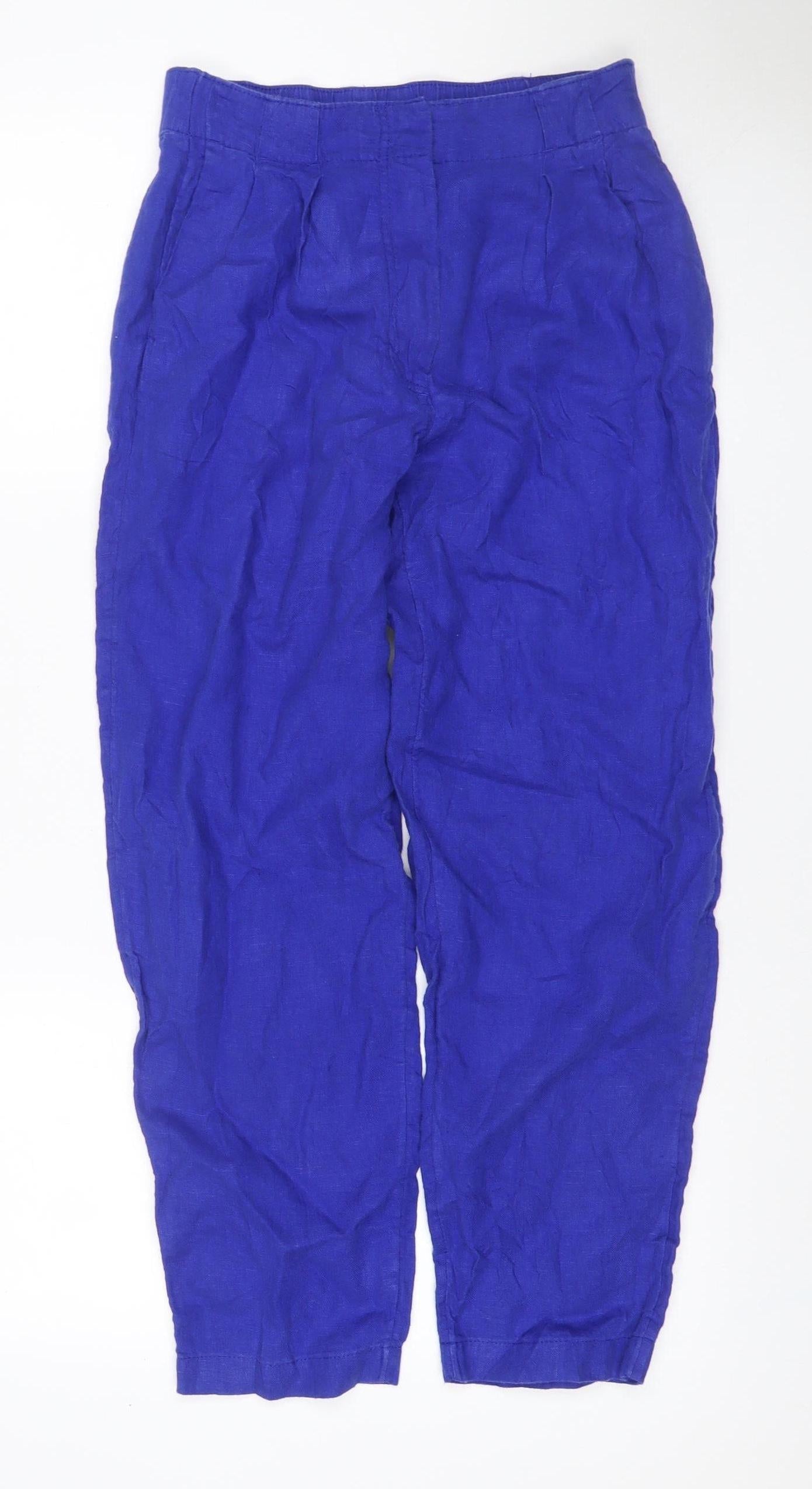 Marks and Spencer Women Blue Size 8 Linen Cropped Tapered Trousers