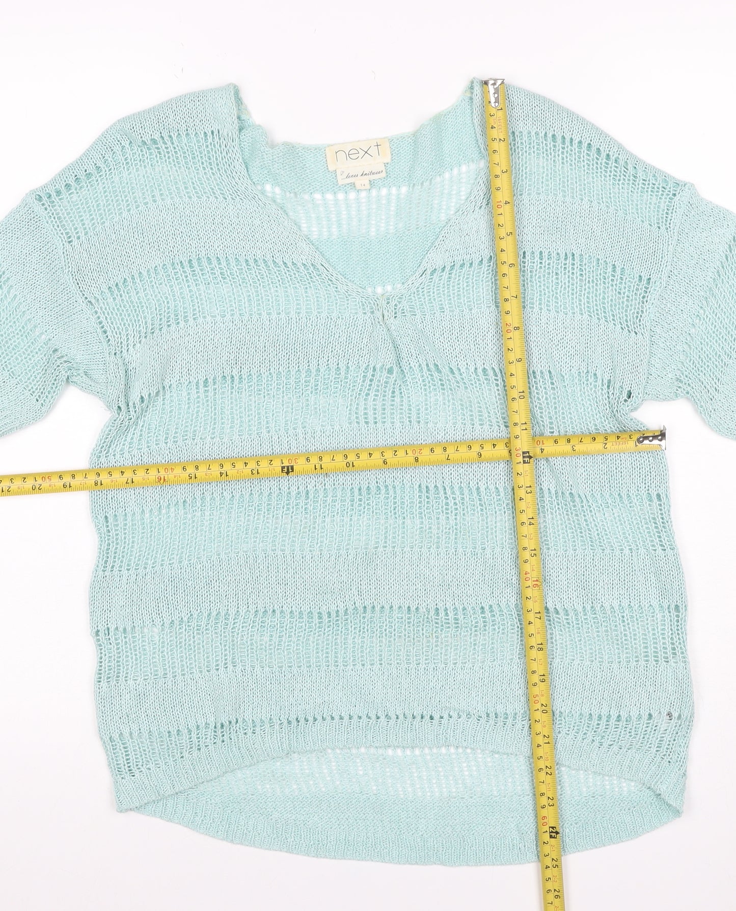 Next Women’s Mint Blue UK 14 Open-Knit V-Neck Short Sleeve Jumper