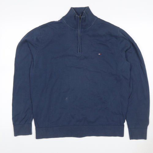 Tommy Hilfiger Men’s Blue XL Quarter Zip Cotton Mock Neck Jumper