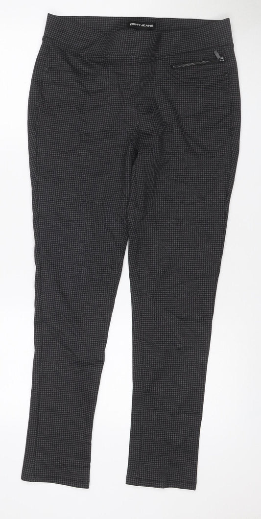 DKNY Jeans Women Grey Herringbone Straight Trousers M Zip Pockets