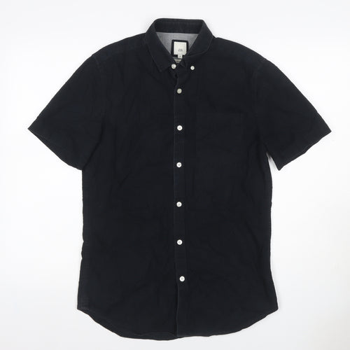River Island Men’s Black S Slim Fit Short Sleeve Button-Down Shirt