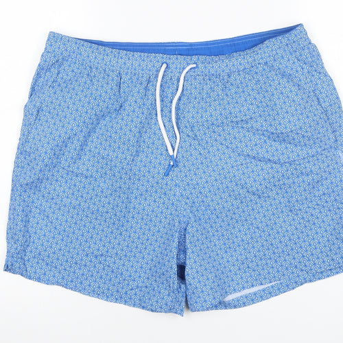 M&S Men Blue Geometric Print Swim Shorts Size 38 Lined Drawstring