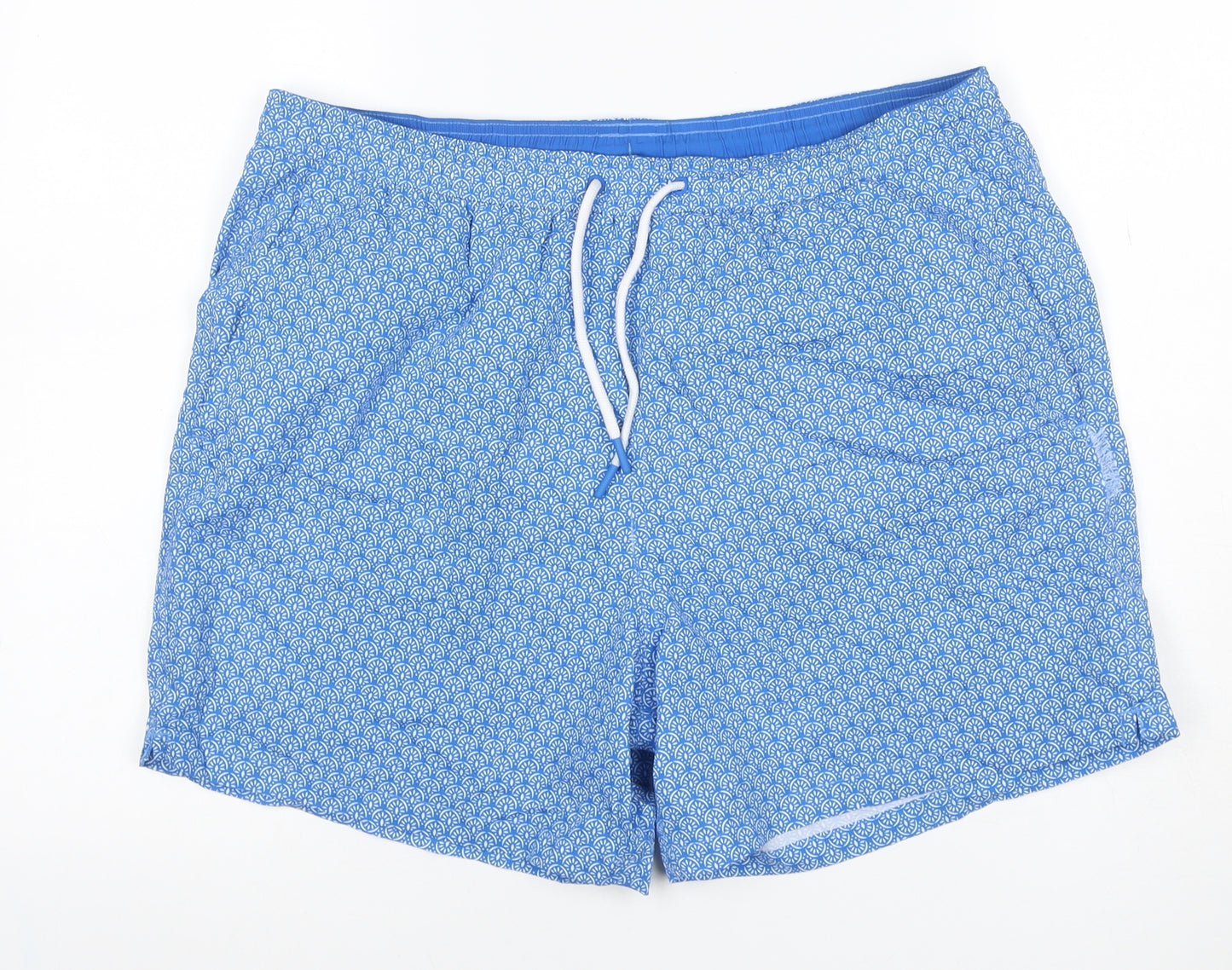 M&S Men Blue Geometric Print Swim Shorts Size 38 Lined Drawstring