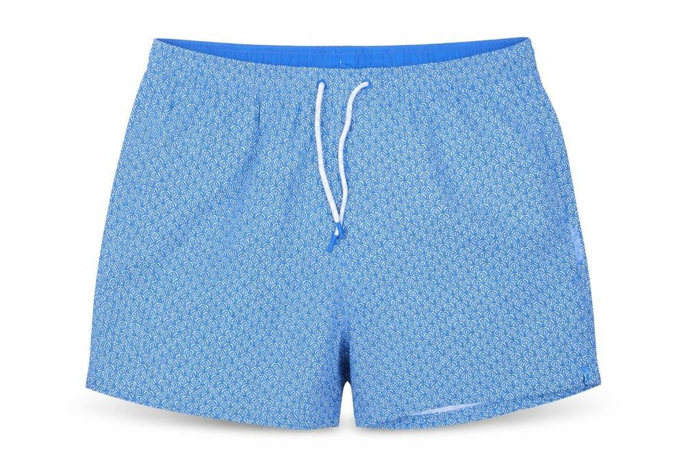 Front view of Marks & Spencer Men Blue Geometric Print Swim Shorts, size 38, Lined Drawstring