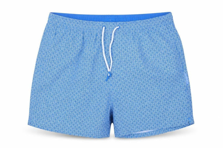 Front view of Marks & Spencer Men Blue Geometric Print Swim Shorts, size 38, Lined Drawstring