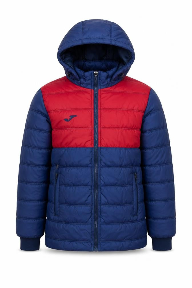 Front view of Joma boys’ blue red 12 years puffer jacket hooded quilted winter