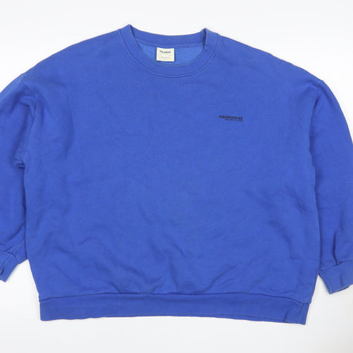 Pull&Bear Women’s Blue M Crew Neck Logo Fleece Pullover Sweatshirt