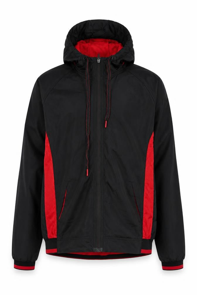 Front view of Russell Men’s Black Red Small Hooded Full Zip Track Jacket