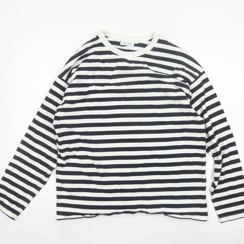 Weekday Women Black White Striped Cotton Long Sleeve Basic T-Shirt M