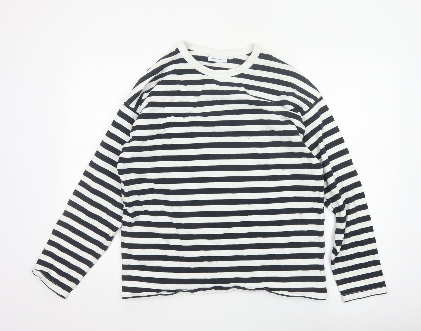 Weekday Women Black White Striped Cotton Long Sleeve Basic T-Shirt M