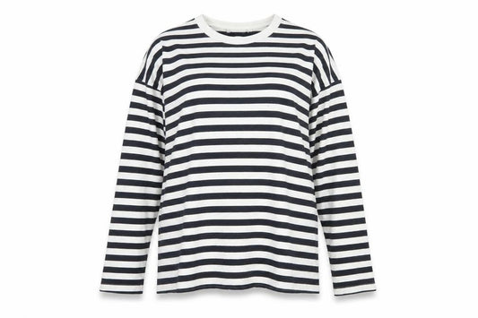 Weekday Women Black White Striped Cotton Long Sleeve Basic T-Shirt M