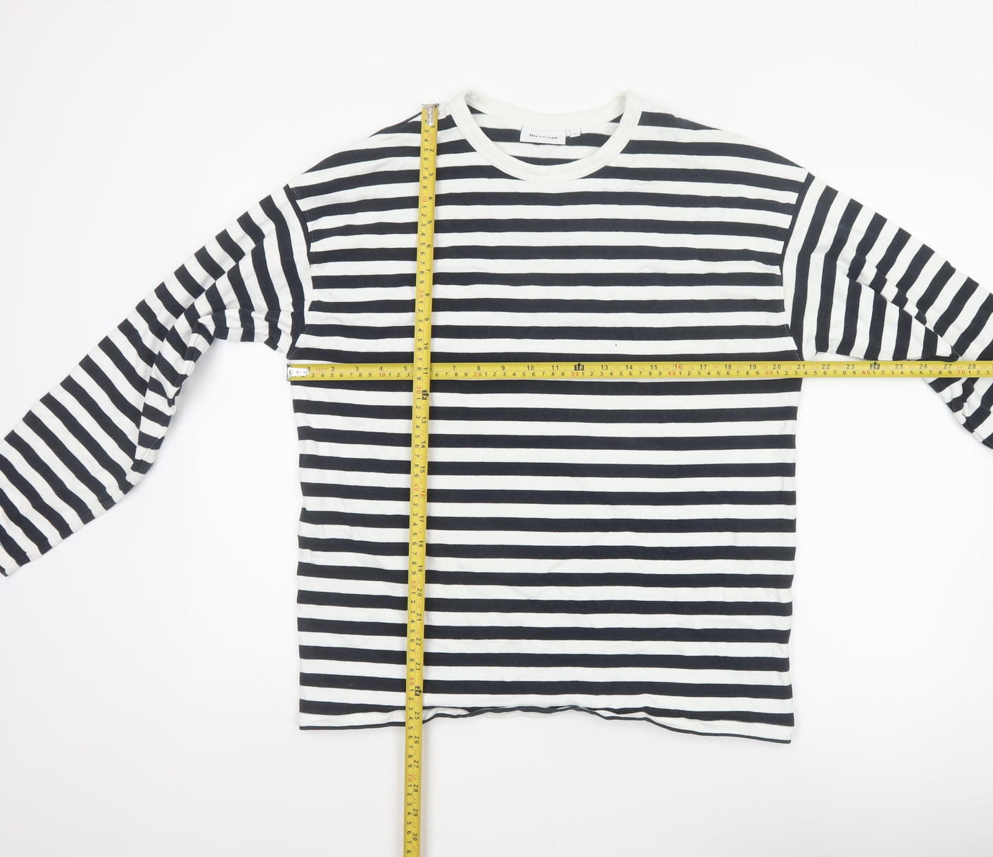 Weekday Women Black White Striped Cotton Long Sleeve Basic T-Shirt M