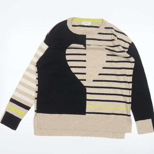 White Stuff Women Beige Black Stripe Knit Jumper UK 12 Cotton Merino