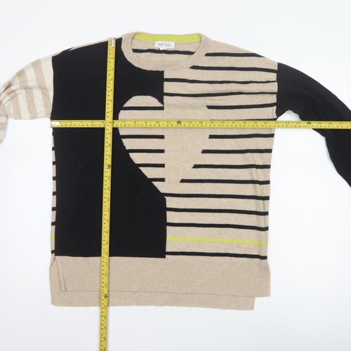 White Stuff Women Beige Black Stripe Knit Jumper UK 12 Cotton Merino