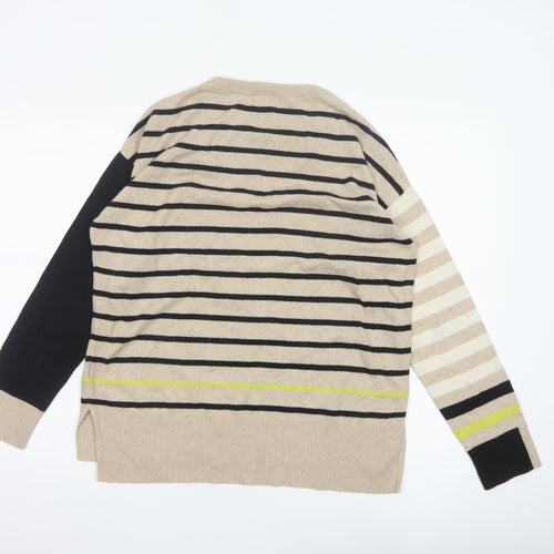White Stuff Women Beige Black Stripe Knit Jumper UK 12 Cotton Merino