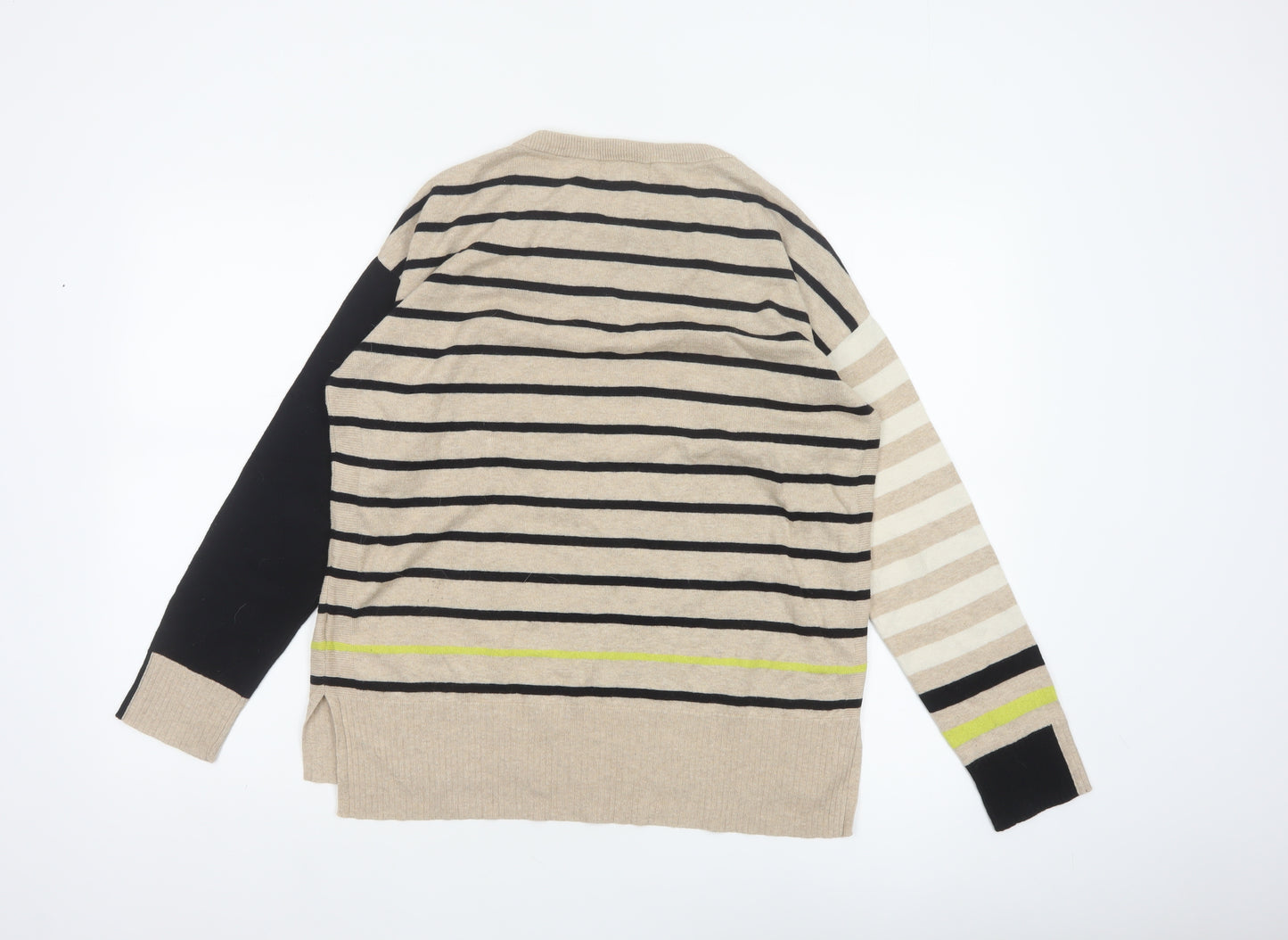 White Stuff Women Beige Black Stripe Knit Jumper UK 12 Cotton Merino