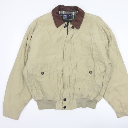 Nautica Men’s Beige XL Bomber Jacket Leather Collar Zip Pockets