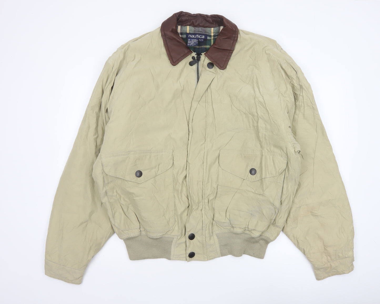 Nautica Men’s Beige XL Bomber Jacket Leather Collar Zip Pockets