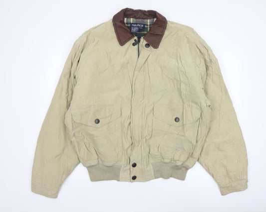 Nautica Men’s Beige XL Bomber Jacket Leather Collar Zip Pockets