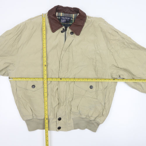 Nautica Men’s Beige XL Bomber Jacket Leather Collar Zip Pockets