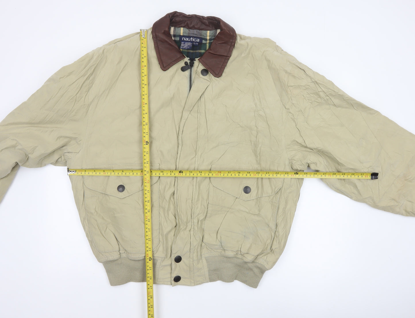 Nautica Men’s Beige XL Bomber Jacket Leather Collar Zip Pockets