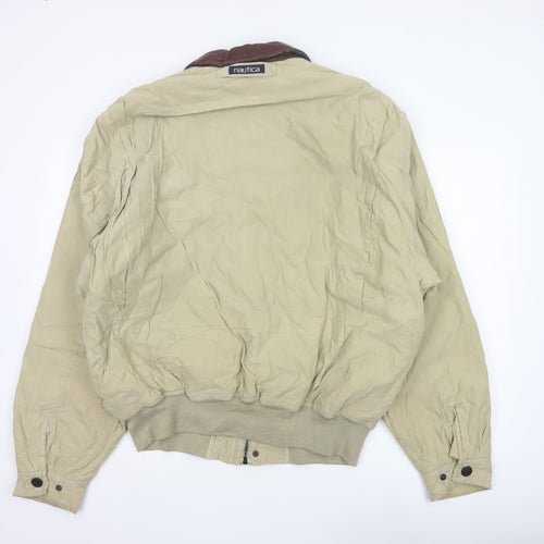 Nautica Men’s Beige XL Bomber Jacket Leather Collar Zip Pockets