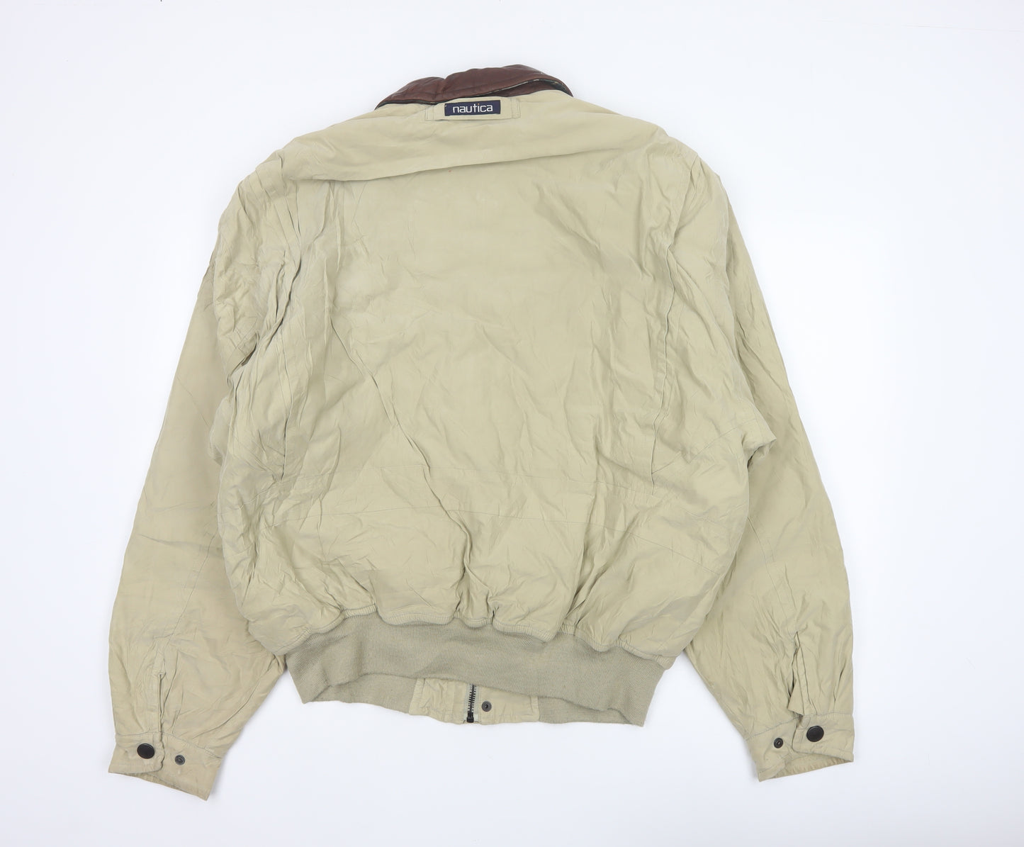 Nautica Men’s Beige XL Bomber Jacket Leather Collar Zip Pockets