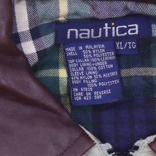 Nautica Men’s Beige XL Bomber Jacket Leather Collar Zip Pockets