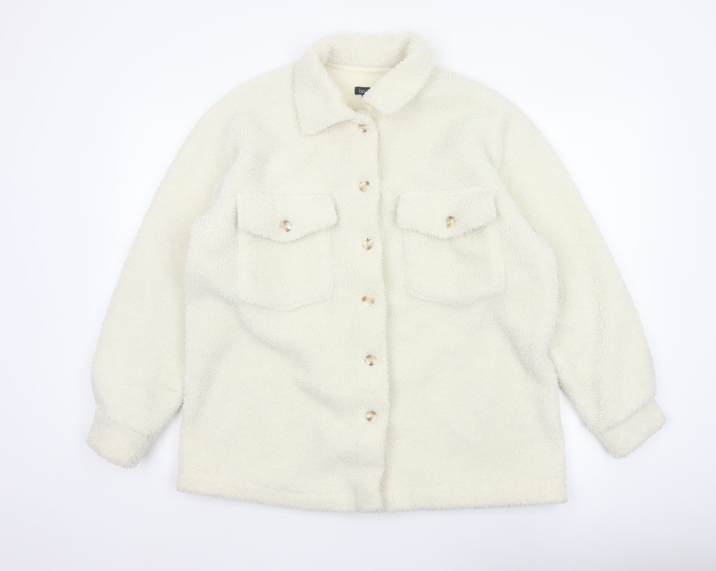 Boohoo Women's Ivory Teddy Fleece Button Jacket UK 12 Collared Pockets