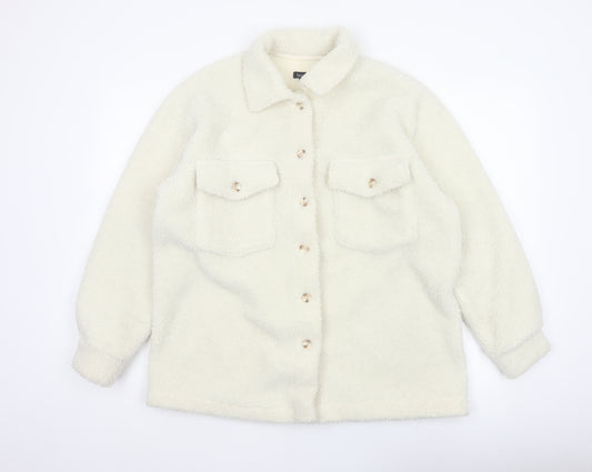 Boohoo Women's Ivory Teddy Fleece Button Jacket UK 12 Collared Pockets