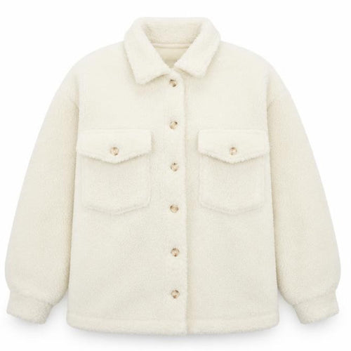 Boohoo Women's Ivory Teddy Fleece Button Jacket UK 12 Collared Pockets