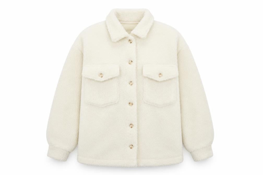 Boohoo Women's Ivory Teddy Fleece Button Jacket UK 12 Collared Pockets