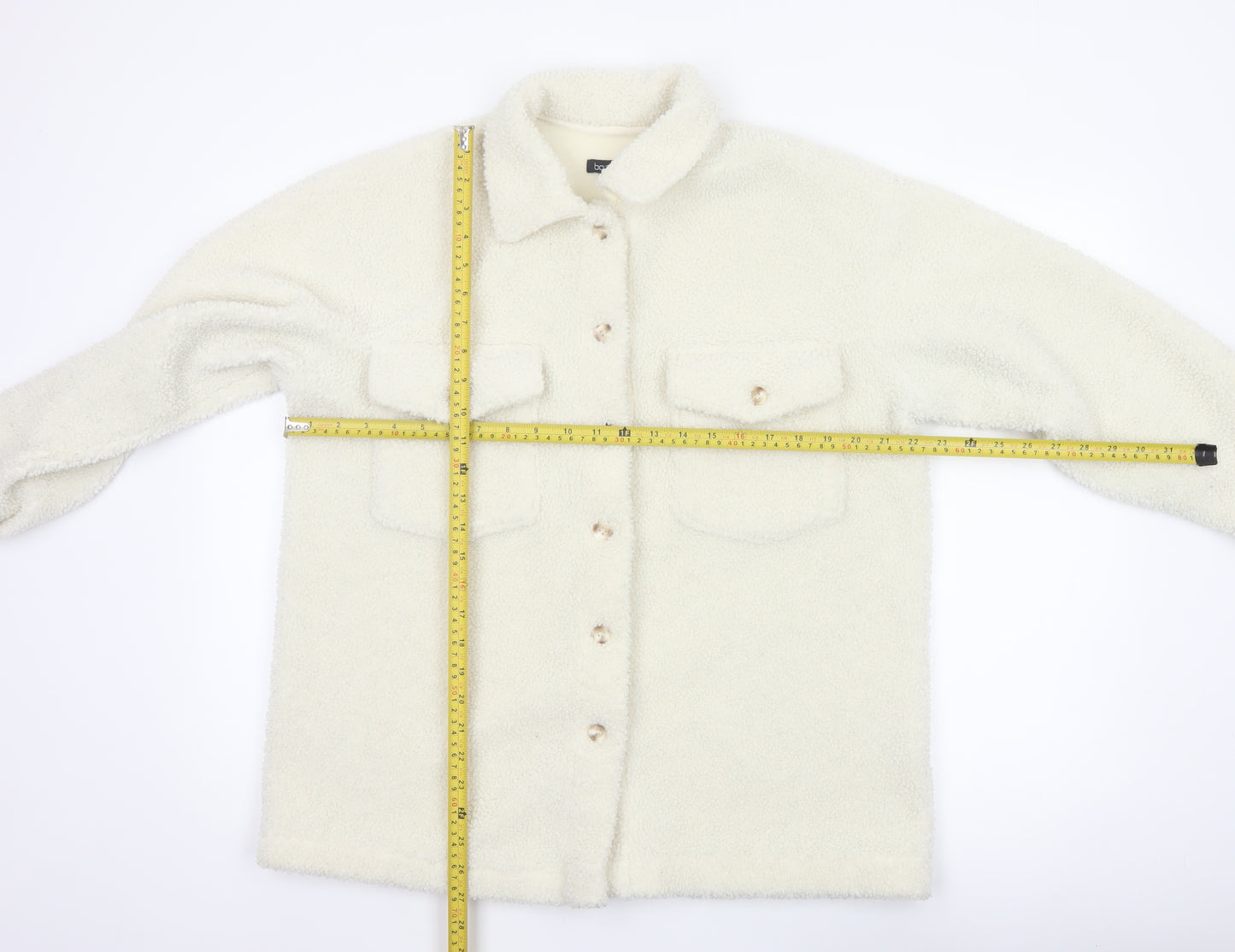 Boohoo Women's Ivory Teddy Fleece Button Jacket UK 12 Collared Pockets