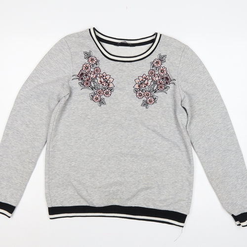 Dorothy Perkins Women Grey Floral Embroidered Pullover Sweatshirt UK 10
