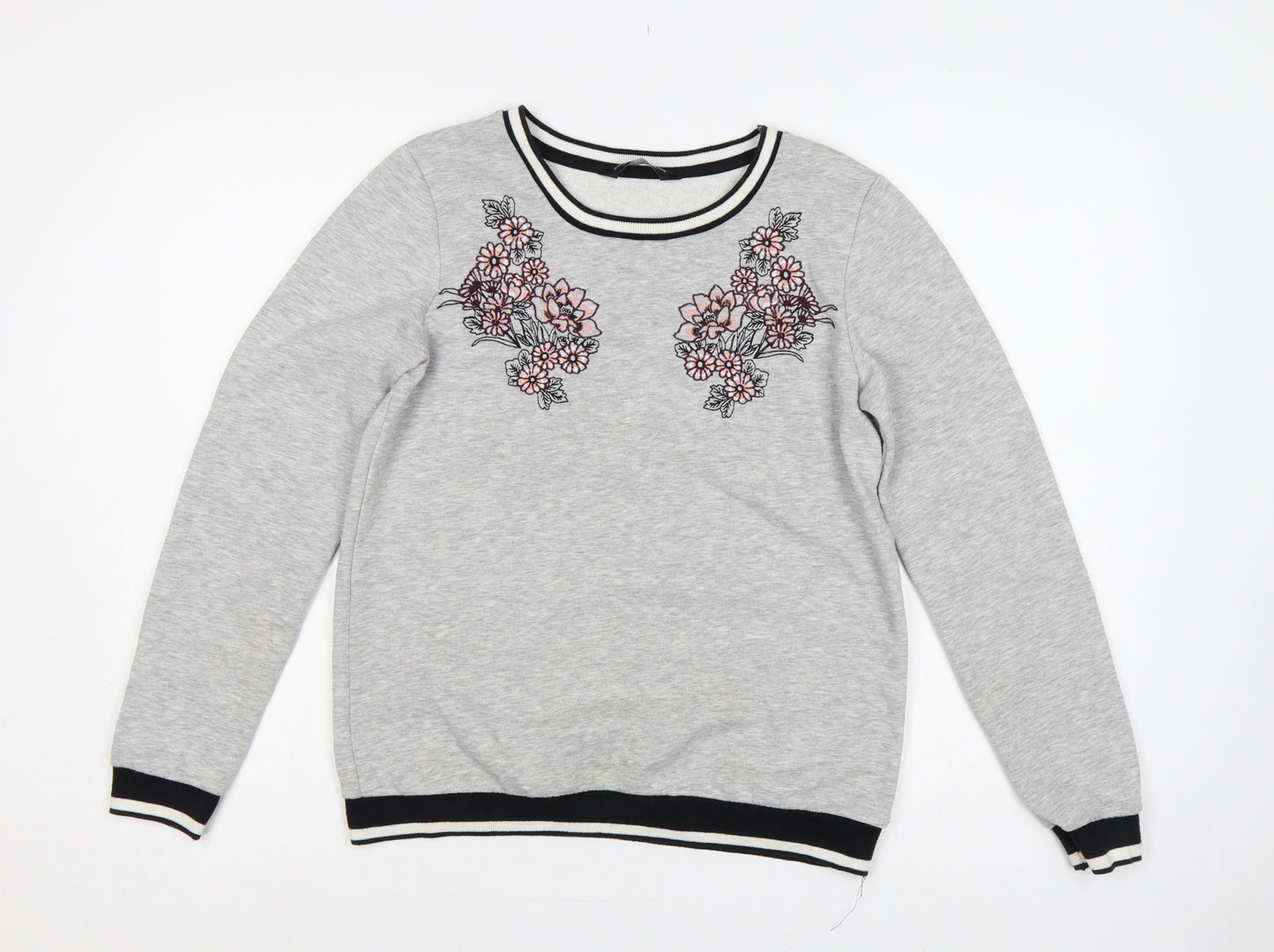 Dorothy Perkins Women Grey Floral Embroidered Pullover Sweatshirt UK 10