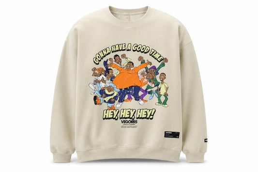 VEGORRS Men’s Beige XL Graphic Print Cartoon Hip Hop Crew Sweatshirt