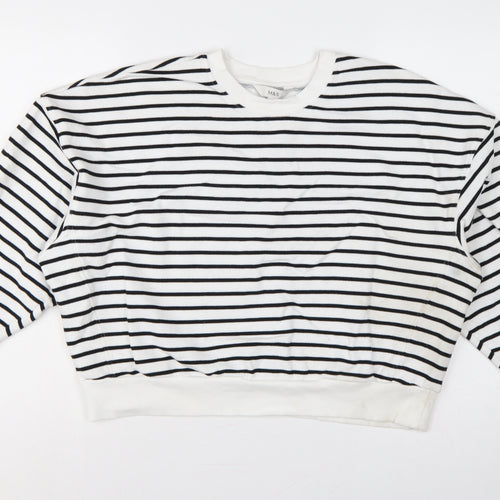 Marks & Spencer Women White Black L Striped Pullover Sweatshirt Pockets