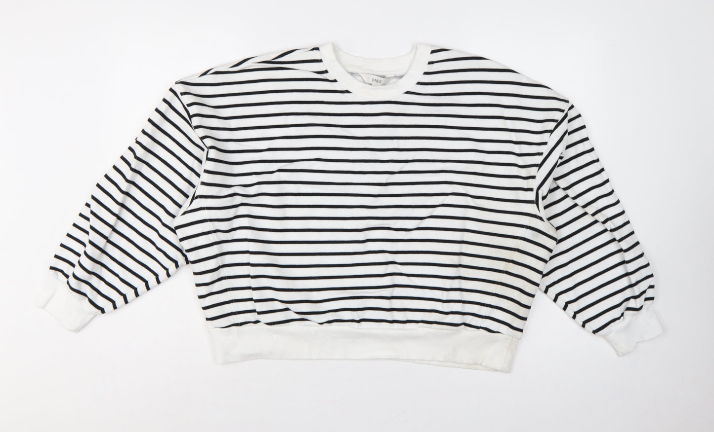 Marks & Spencer Women White Black L Striped Pullover Sweatshirt Pockets