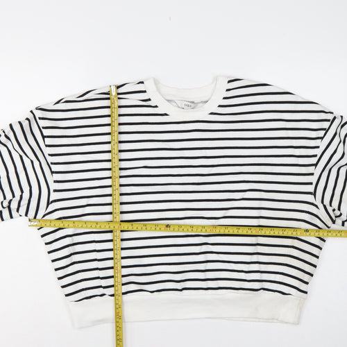 Marks & Spencer Women White Black L Striped Pullover Sweatshirt Pockets