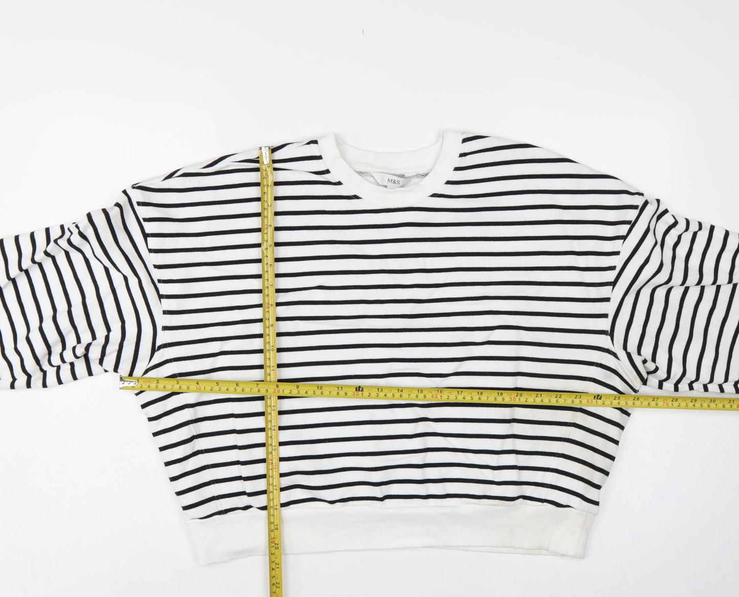 Marks & Spencer Women White Black L Striped Pullover Sweatshirt Pockets